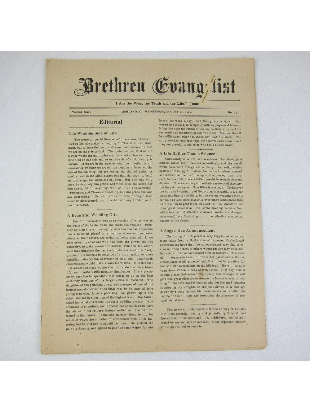Brethren Evangelist Christian Newspaper Ashland Ohio Antique August 20th 1902